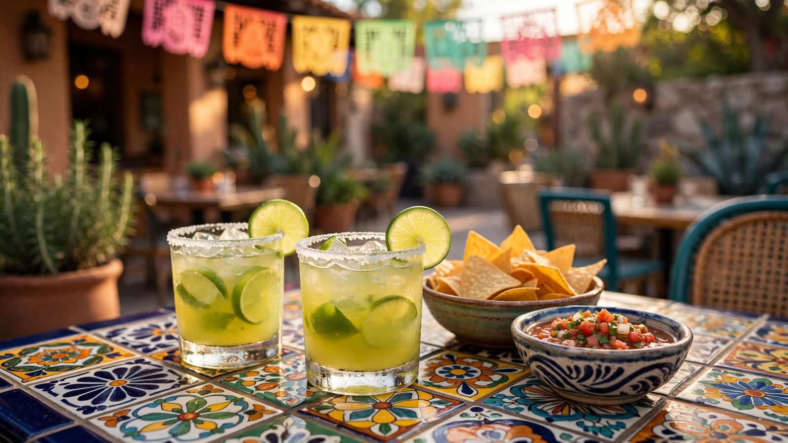 Two salt-rimmed lime margaritas, tortilla chips and fresh salsa on a Talavera tile table on the patio under papel picado