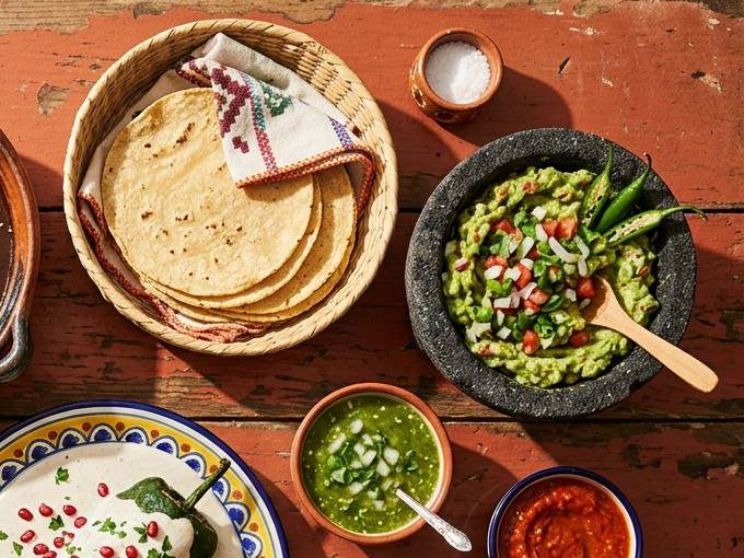 Guacamole de molcajete in a stone bowl with chiles, beside a basket of handmade corn tortillas and small bowls of salsa