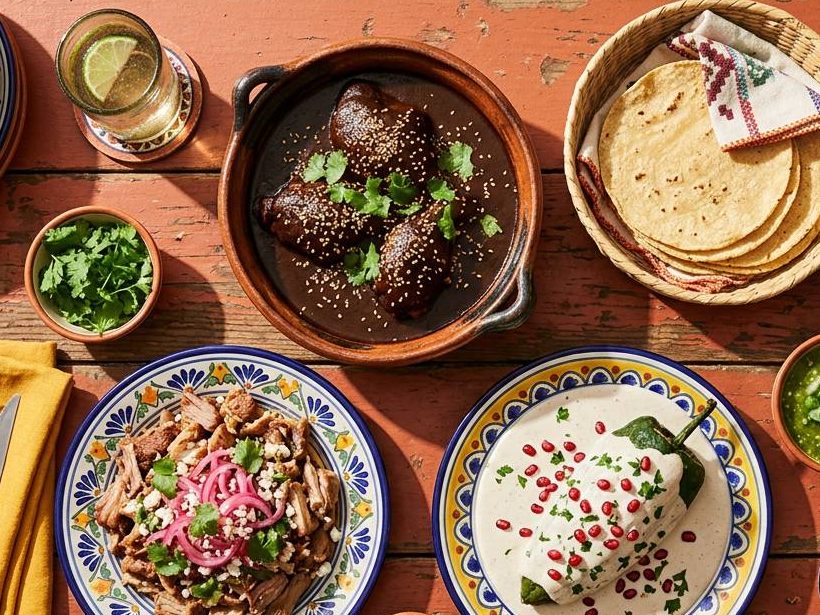 Mole negro in a clay pot, a plate of carnitas with pickled red onion and chiles en nogada with pomegranate, with a basket of tortillas