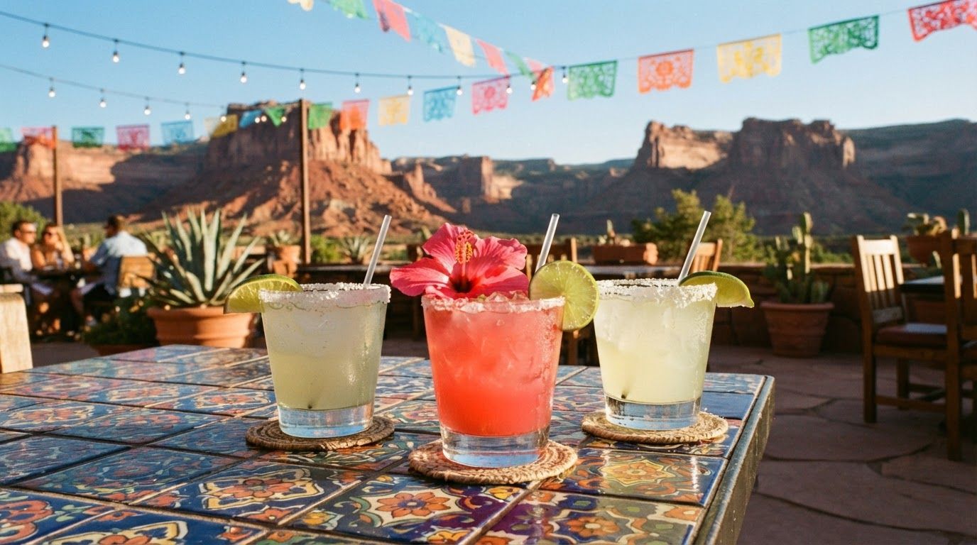 Two lime margaritas and a hibiscus margarita on a tiled patio table with red sandstone mesas in the background