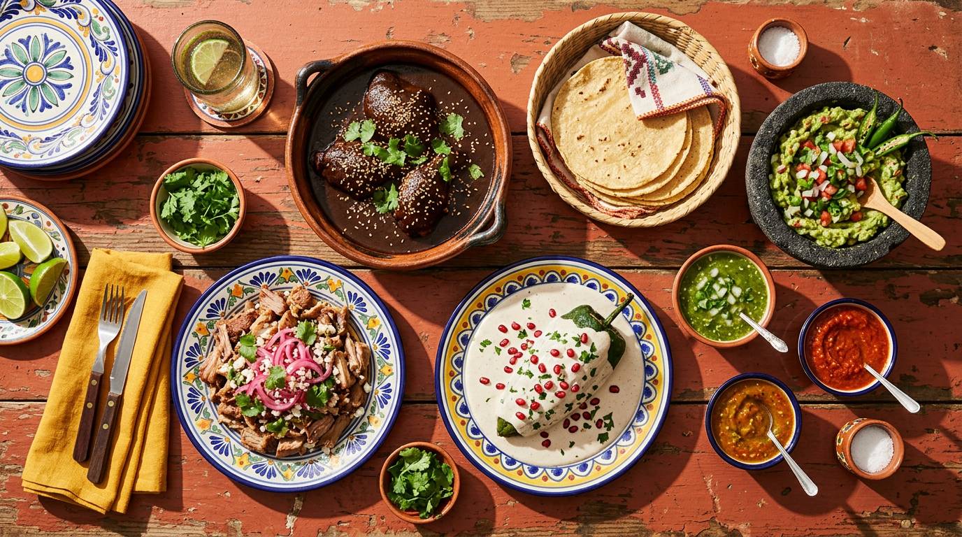 Overhead view of a table filled with mole negro, carnitas, chiles en nogada, guacamole, salsas and a basket of handmade tortillas