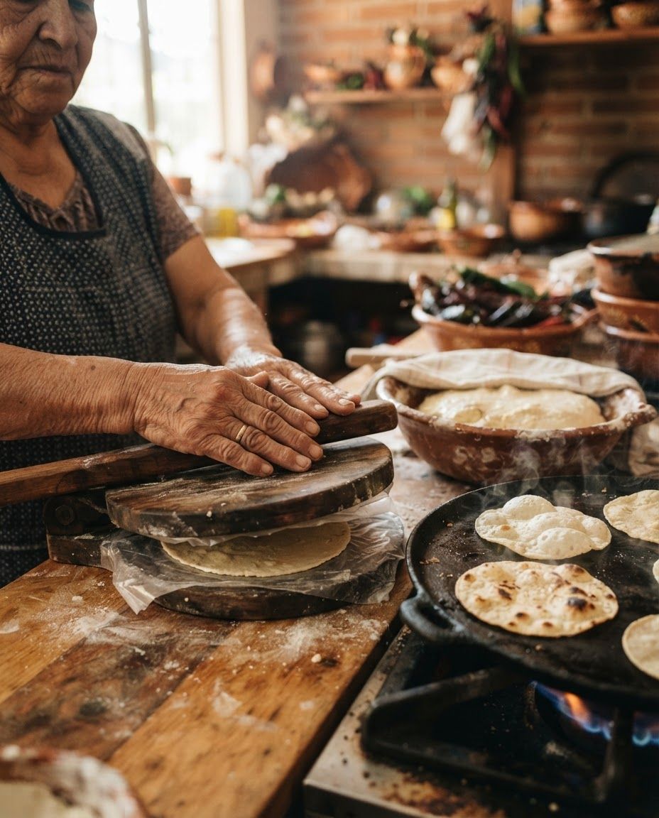 Weathered hands pressing masa in a wooden tortilla press beside tortillas puffing on a hot comal