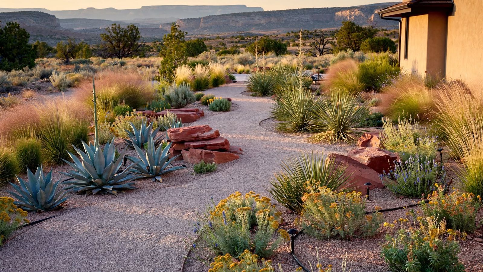 Crushed-granite garden path curving past blue agaves, yucca, ornamental grasses, red sandstone boulders and low path lights beside a stucco house at sunset
