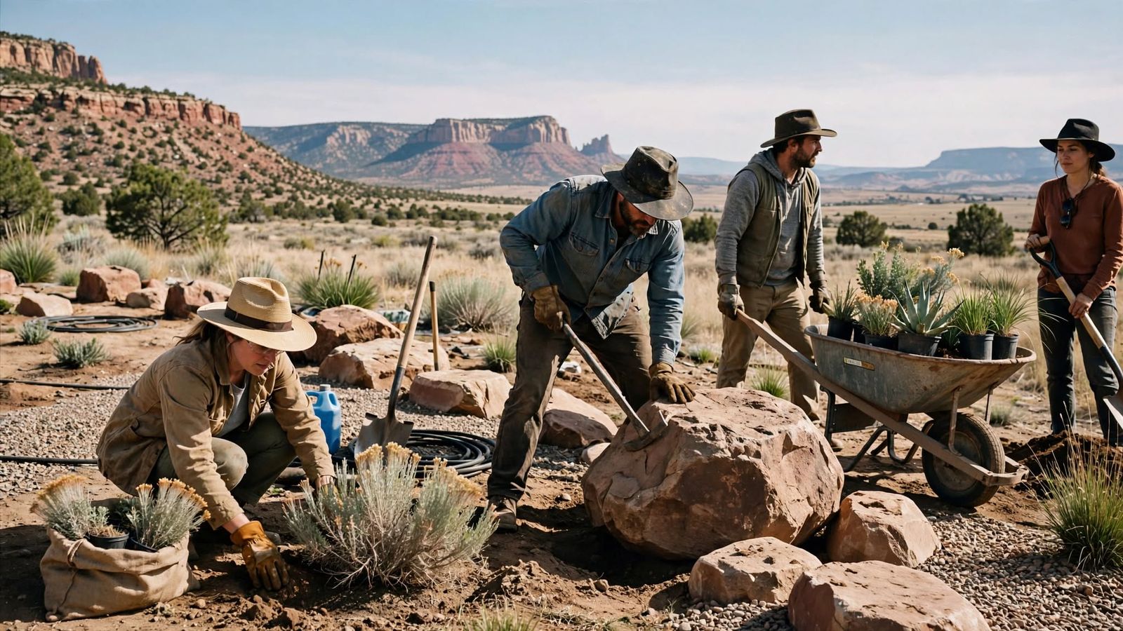 People setting sandstone boulders and planting native shrubs with a wheelbarrow on a desert site