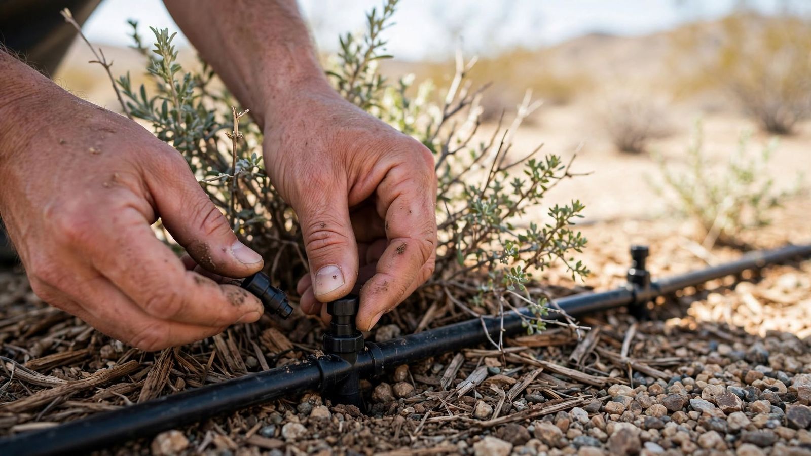 Hands fitting a drip emitter onto a black irrigation line beside a sagebrush in mulch