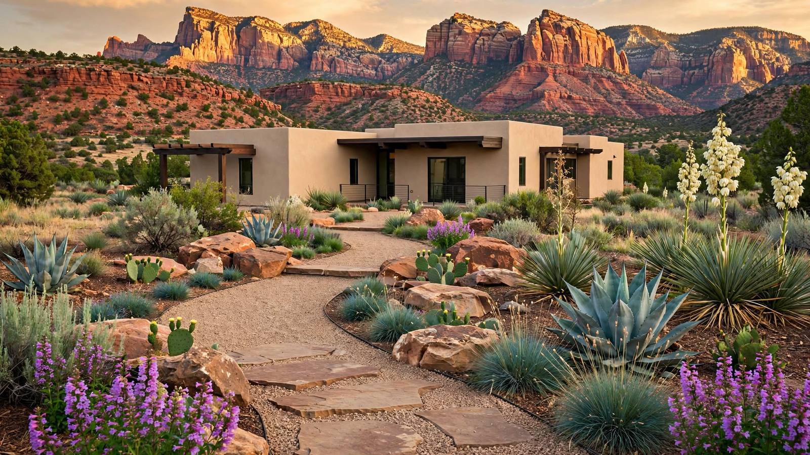 Xeriscape front yard with a gravel and flagstone path, agave, yucca, blue grasses, purple penstemon and sandstone boulders in front of an adobe-style home below red rock cliffs