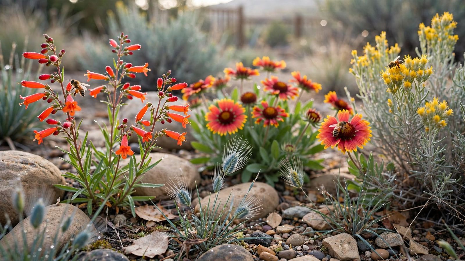 Firecracker penstemon, blanketflower and yellow rabbitbrush blooming among river rock and silver sage