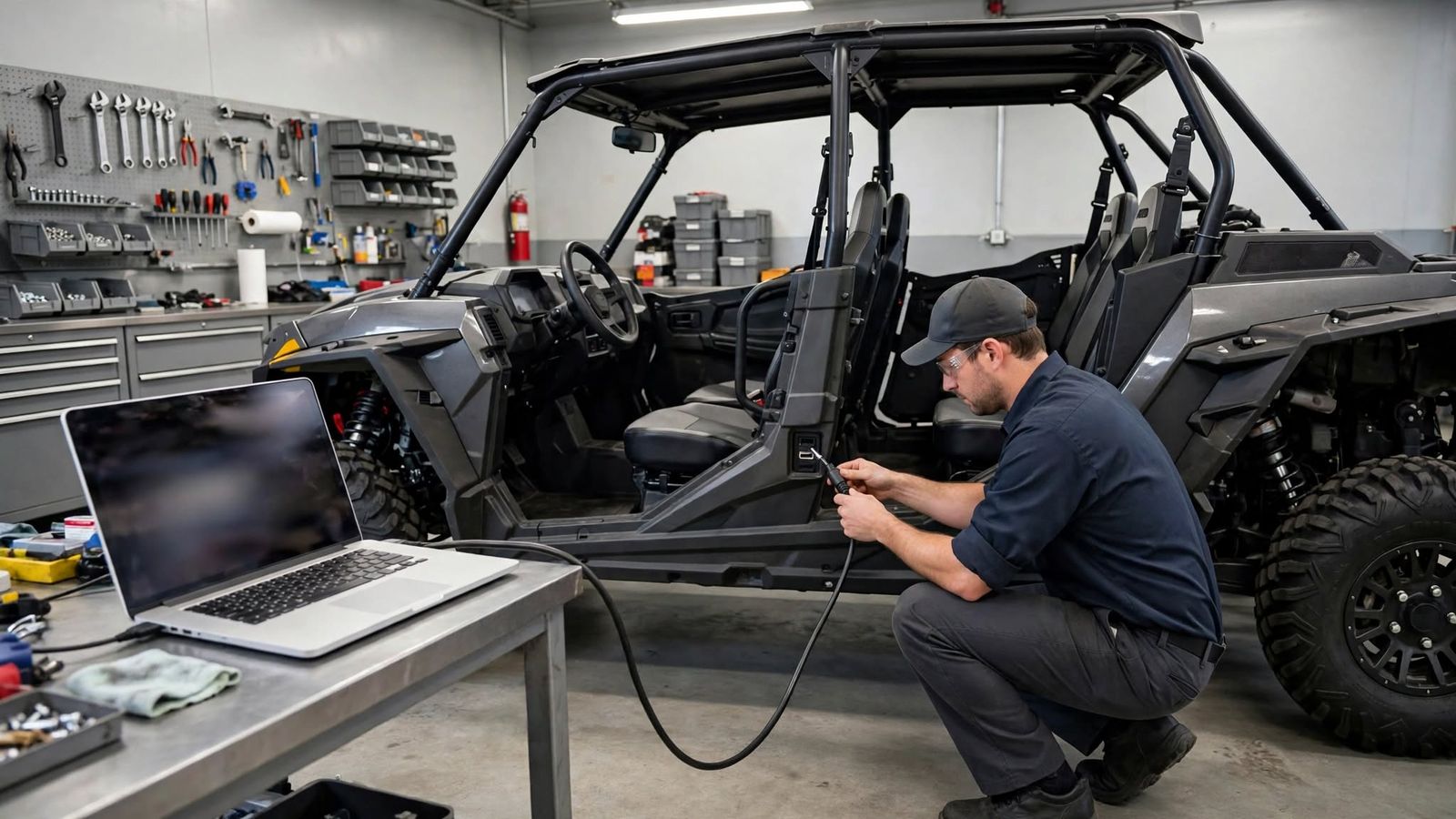 Person plugging a diagnostic cable into a four-seat side-by-side, laptop open on the bench