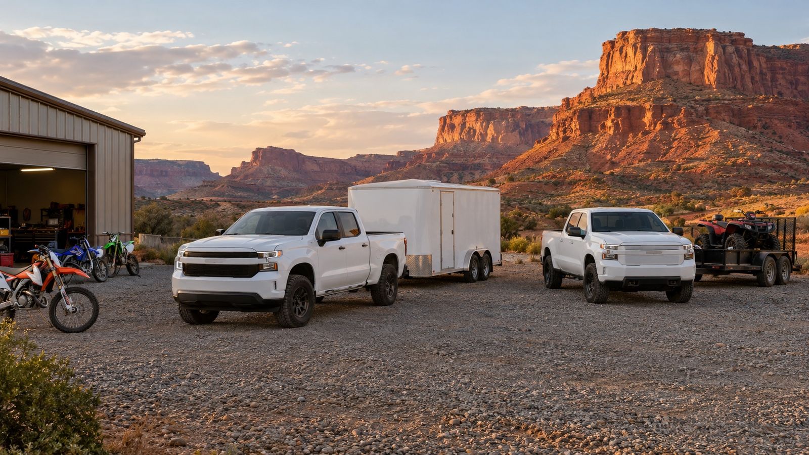 Two white pickup trucks with an enclosed trailer and an ATV trailer outside a metal shop building, dirt bikes by the open bay and red mesas behind