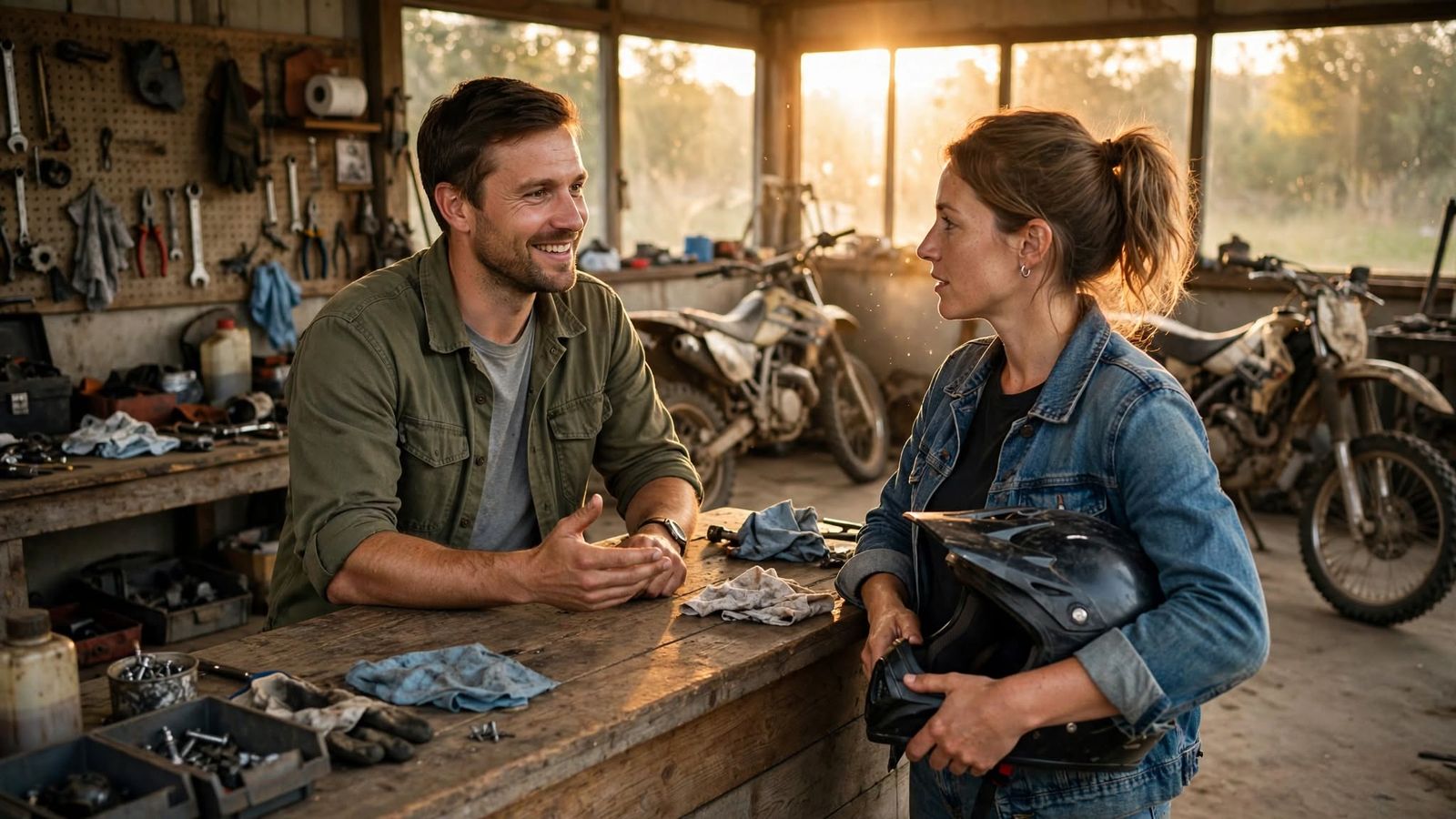 Two people talking across a cluttered workbench, dirt bikes parked behind them