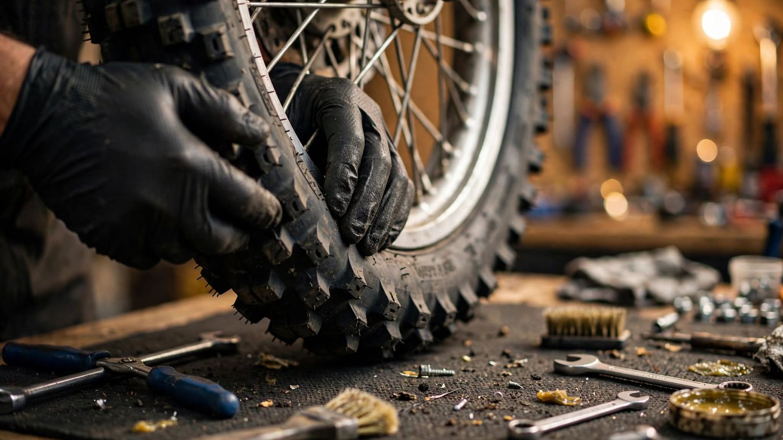 Gloved hands seating a knobby tire on a spoked dirt bike wheel at the workbench
