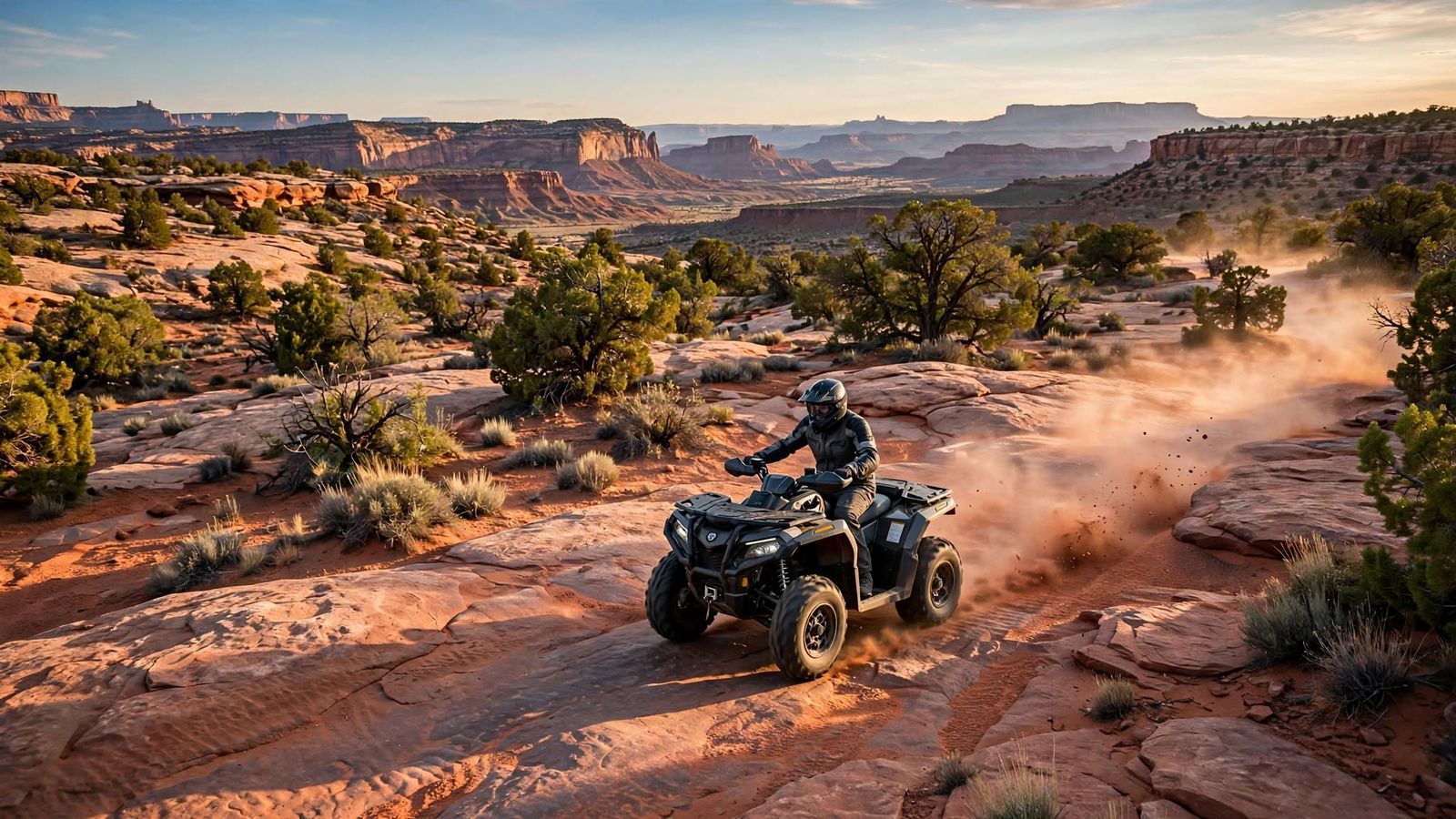 Rider on an ATV kicking up red dust across slickrock in the canyon country west of Fruita