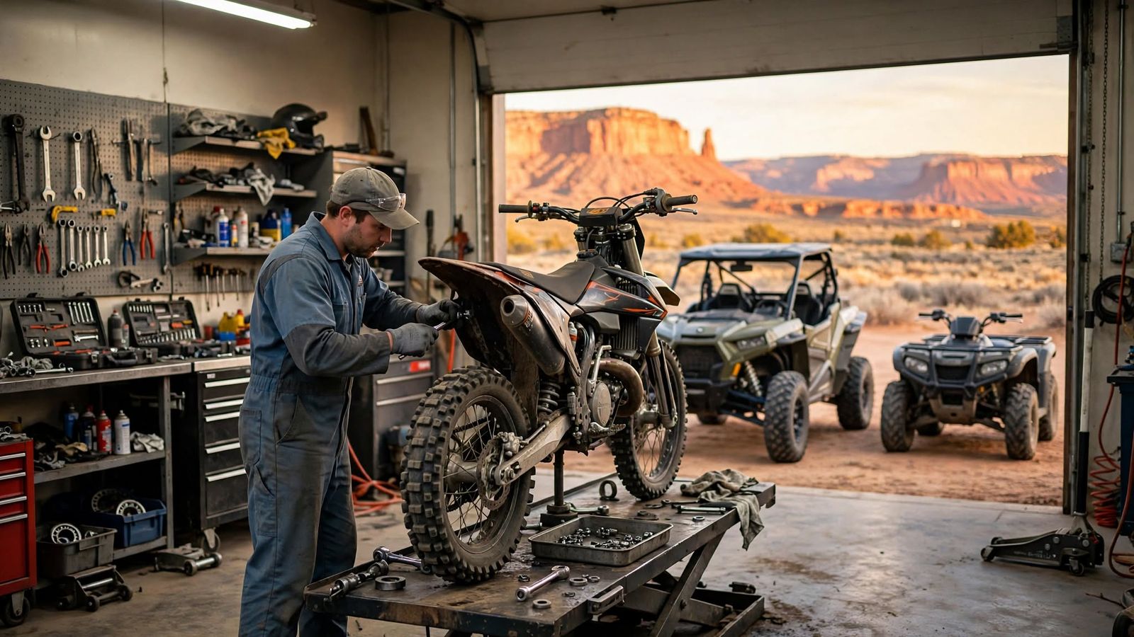 Person working on a dirt bike in the open shop bay, with a side-by-side, an ATV and the desert mesas outside