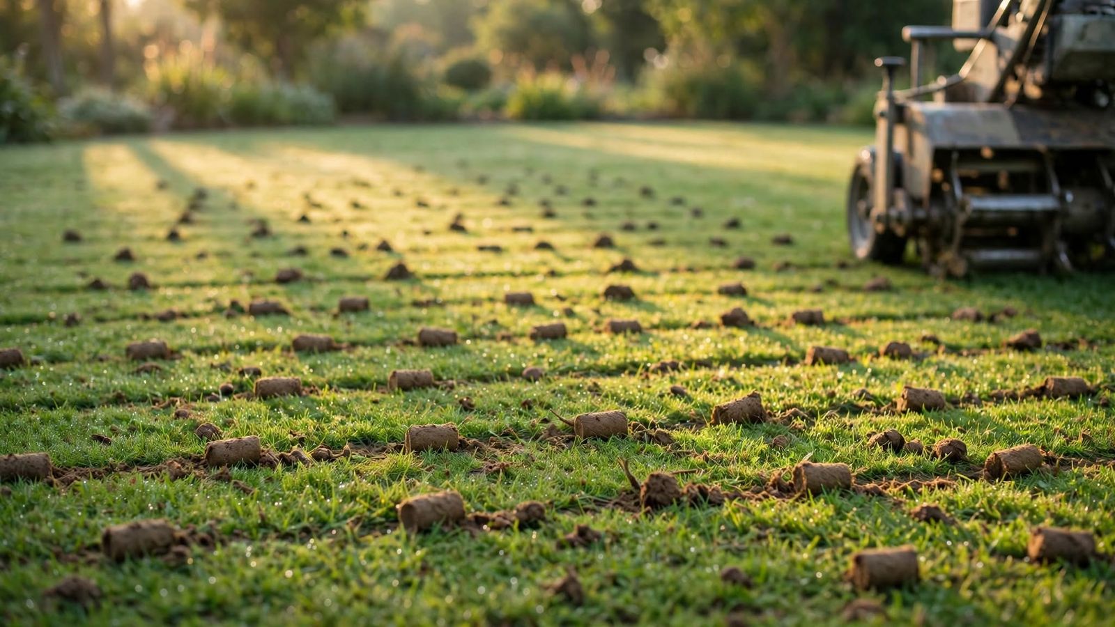 Lawn dotted with fresh soil plugs after core aeration, an aerator at the edge in early morning light