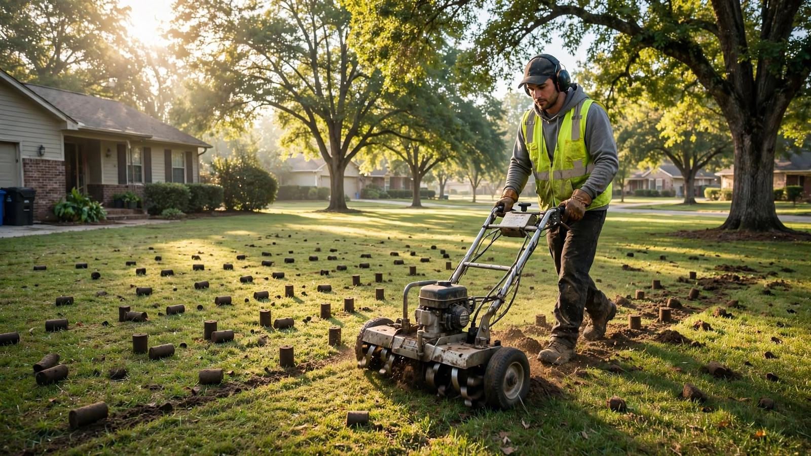 Person in a safety vest running a core aerator across a front lawn at sunrise