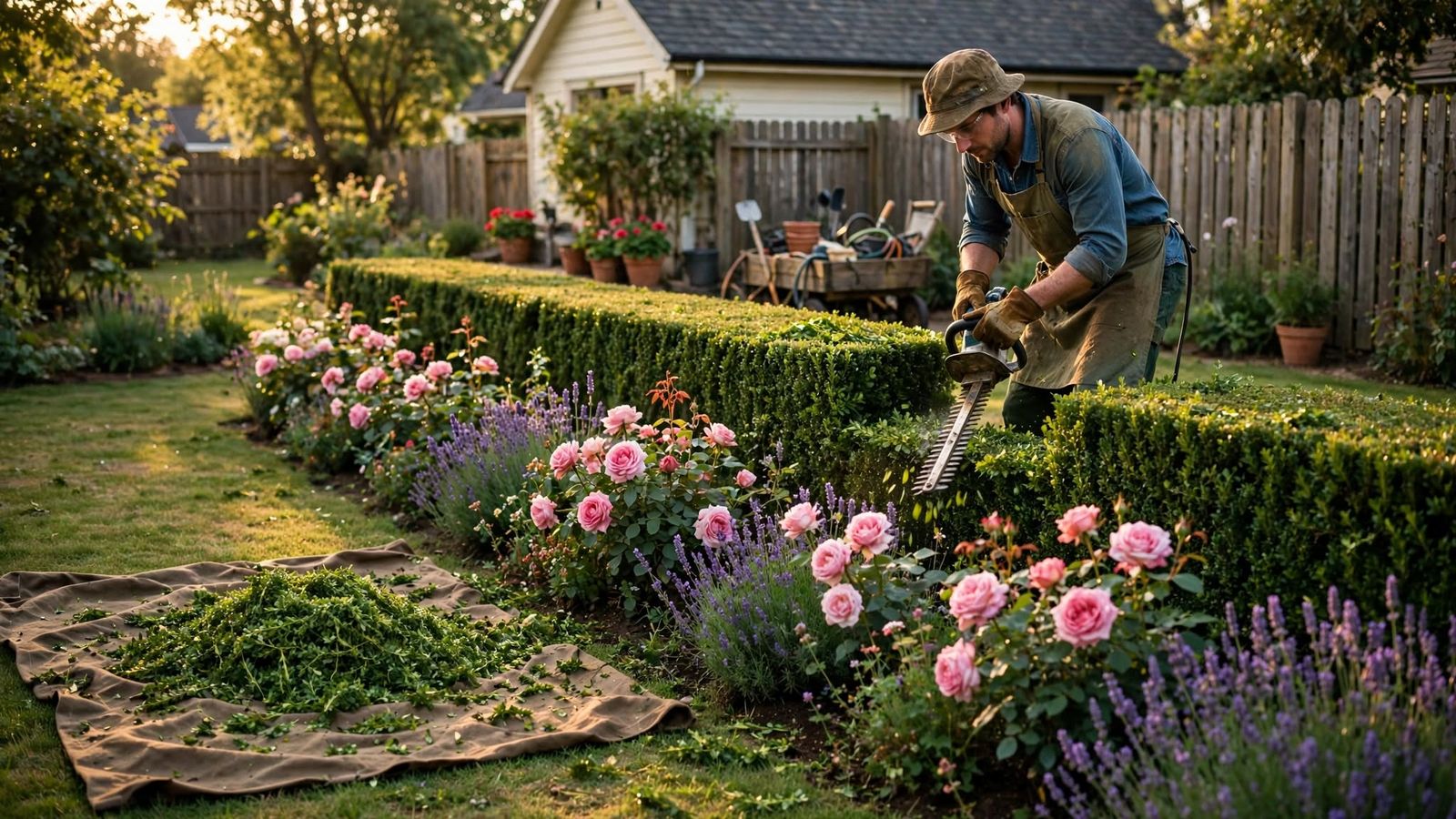 Gardener shaping a boxwood hedge beside beds of pink roses and lavender