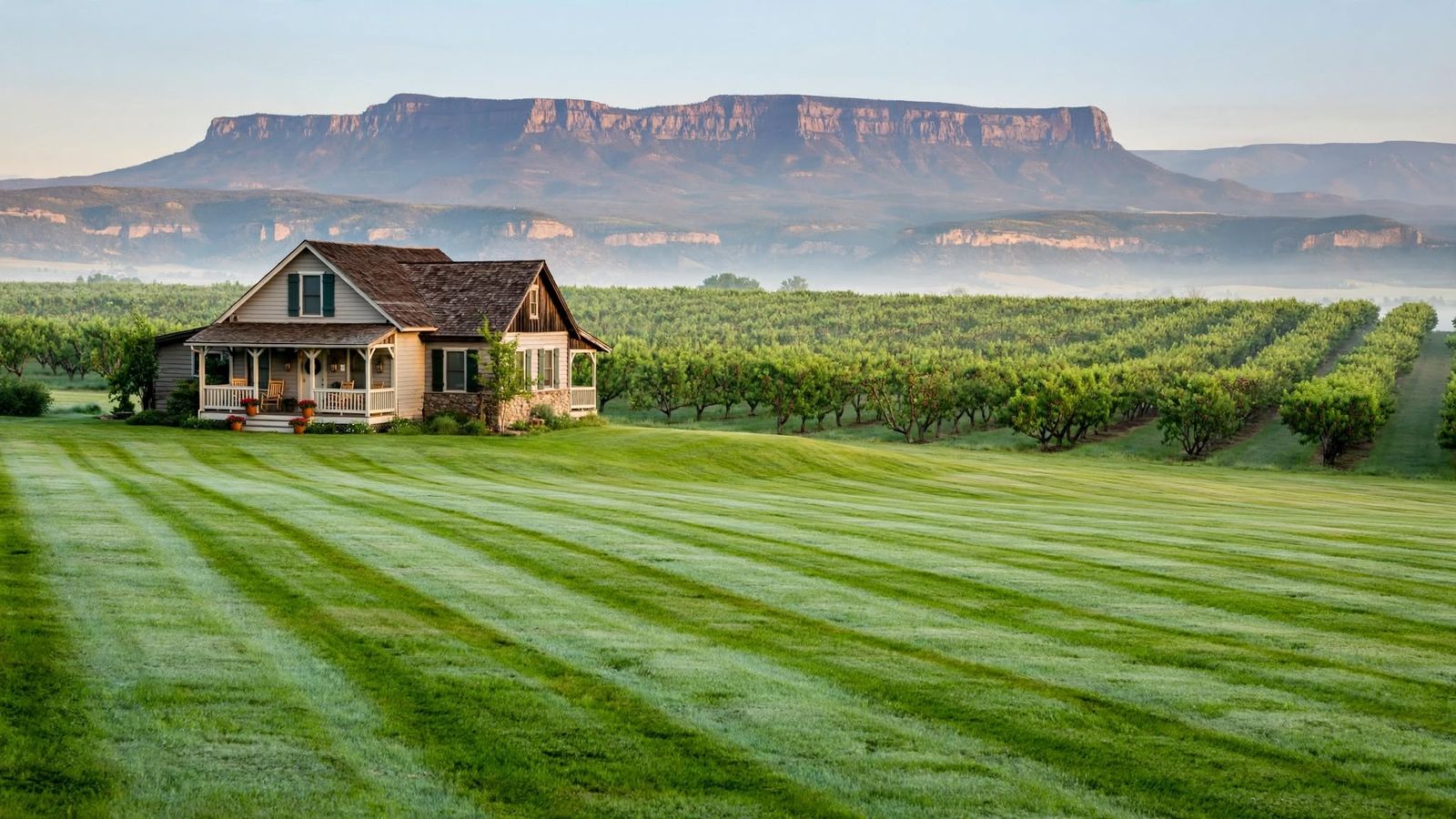 Freshly mowed striped lawn in front of a farmhouse and orchard rows with the Grand Mesa cliffs behind