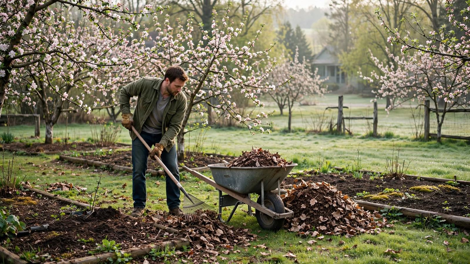 Person raking last year's leaves into a wheelbarrow under blossoming fruit trees