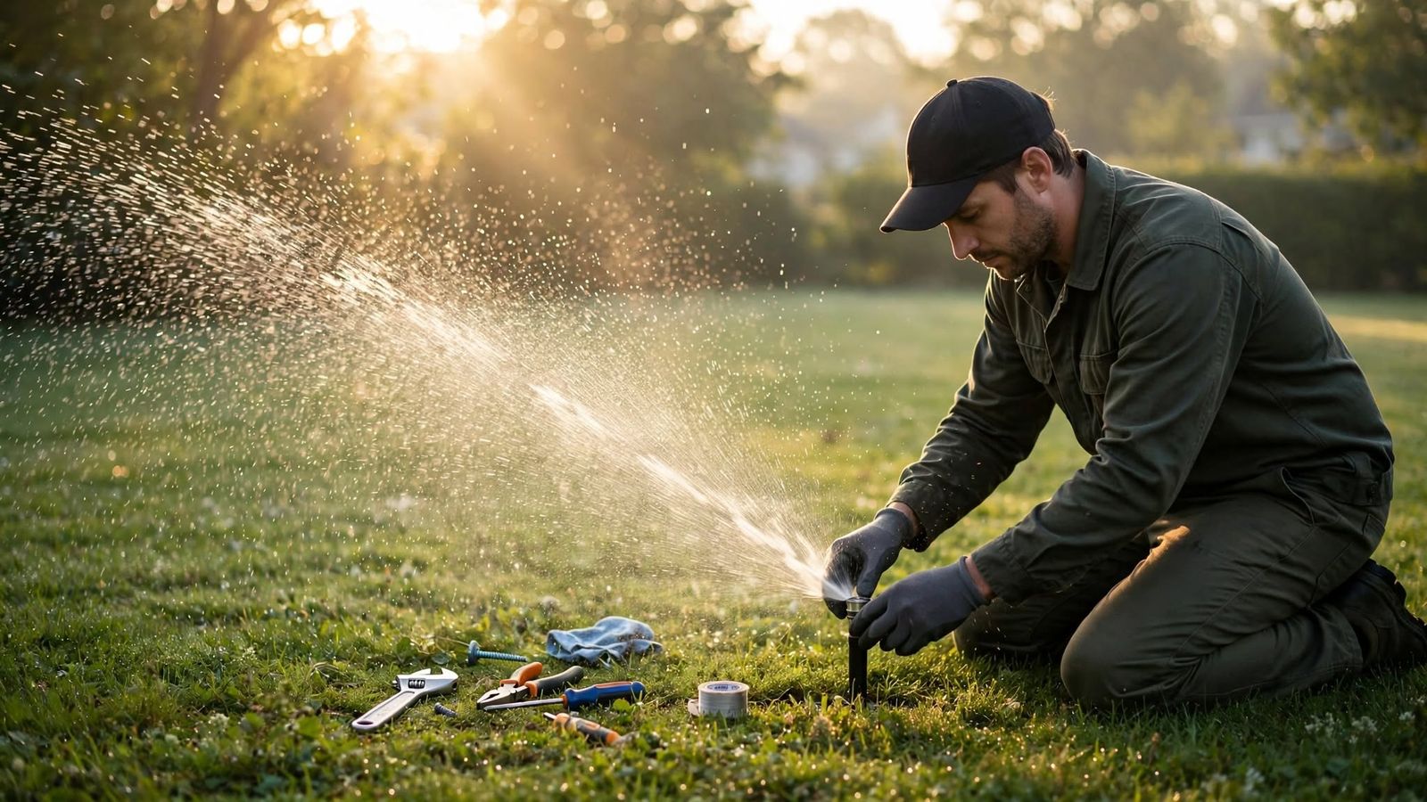 Person adjusting a spraying sprinkler head on a lawn in early morning light