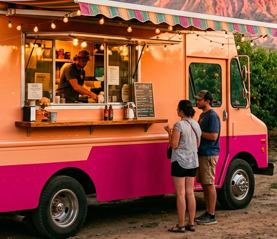 A cook working inside the truck's service window under string lights while two customers wait.