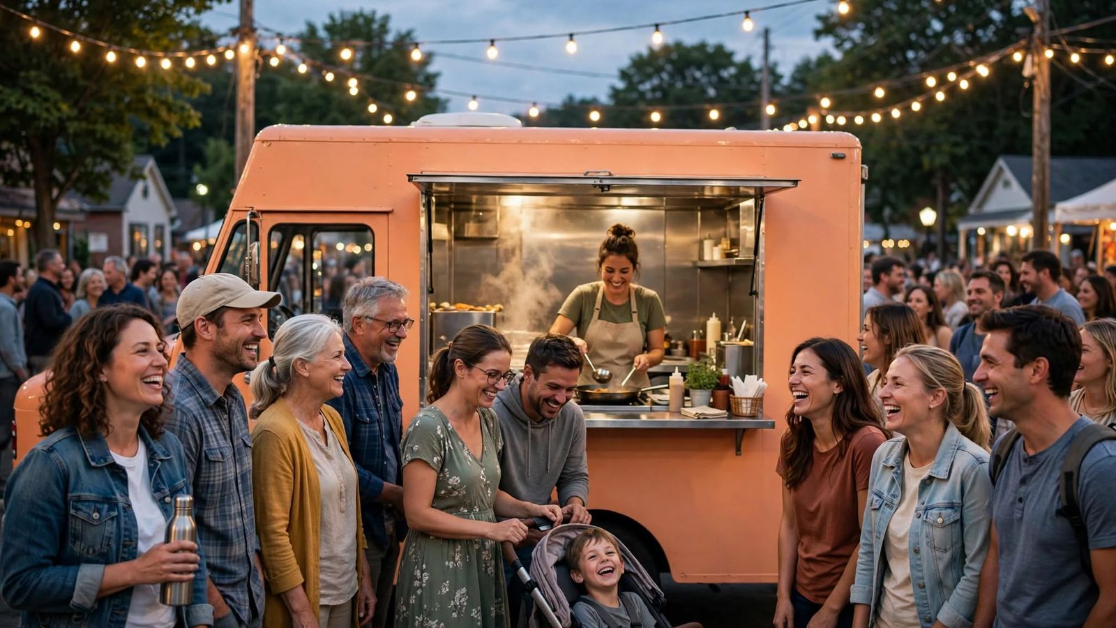 A laughing crowd lined up at the peach-colored Peach Fuzz truck under string lights on a summer evening.