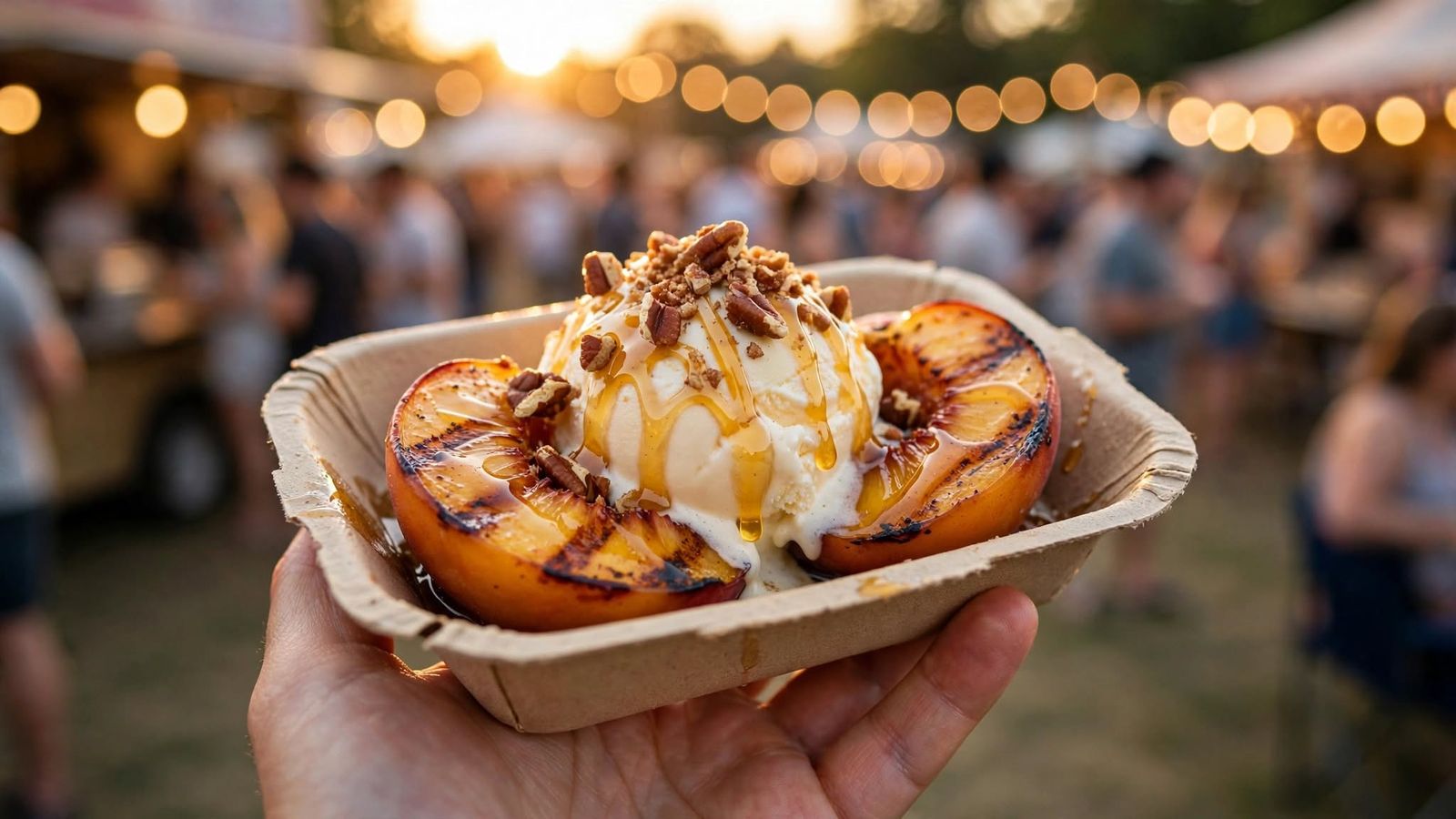 A paper boat of grill-marked peach halves with vanilla soft serve, honey and toasted pecans held up at an evening market.
