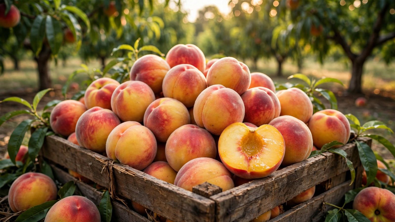 A weathered wooden crate piled with ripe Palisade peaches, one cut open, under the trees of an East Orchard Mesa orchard.