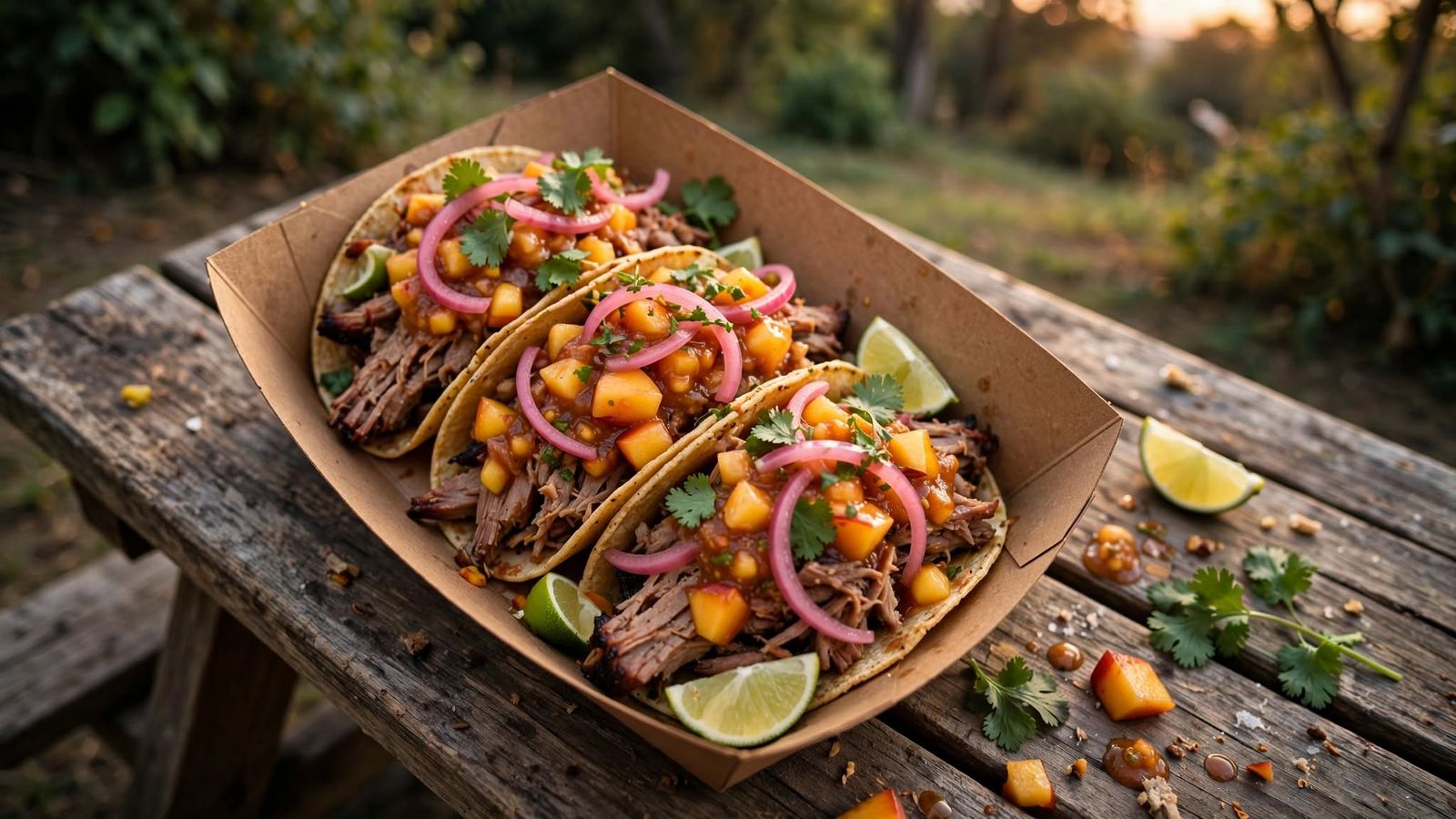 A catering tray of slow-cooked pork tacos with diced peach salsa, pickled red onion, cilantro and lime on a picnic table.