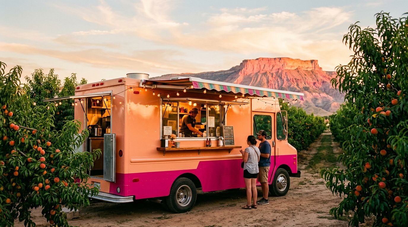 A peach and magenta food truck with string lights parked in a Palisade peach orchard at sunset, with the Bookcliffs glowing behind it.