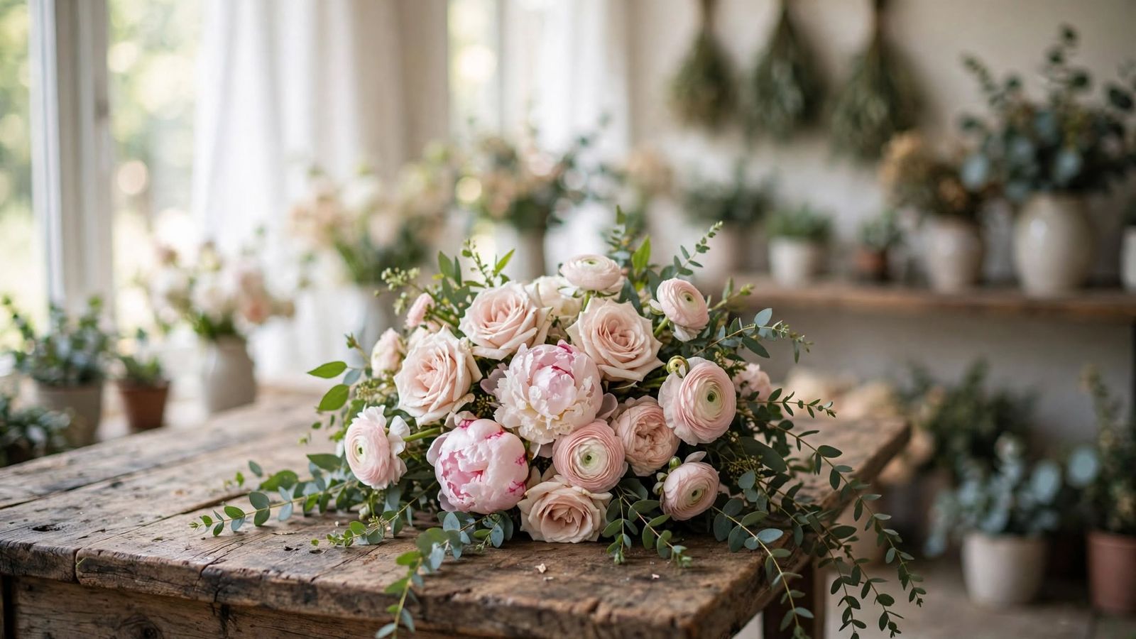 A loose bouquet of this week's blush garden roses, pink peonies and ranunculus with trailing eucalyptus on a weathered wooden table