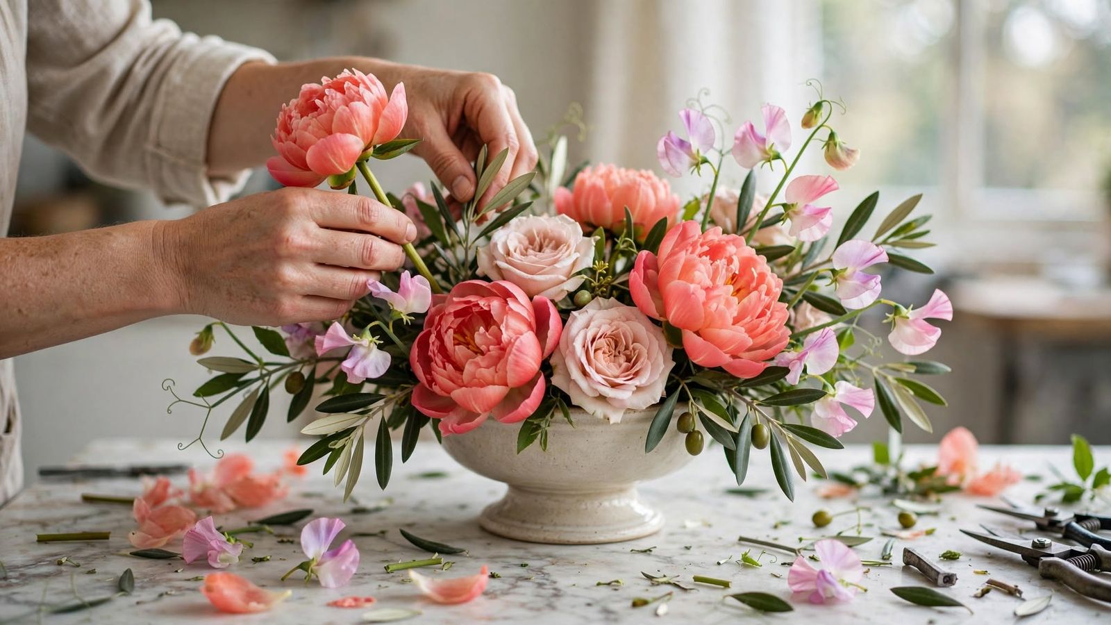 Coral peonies, garden roses and sweet peas being arranged into a white footed bowl with olive branches