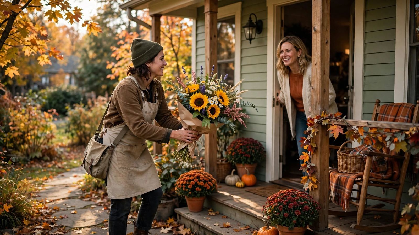 A delivery driver handing a sunflower bouquet to a smiling woman at a front door decorated for fall