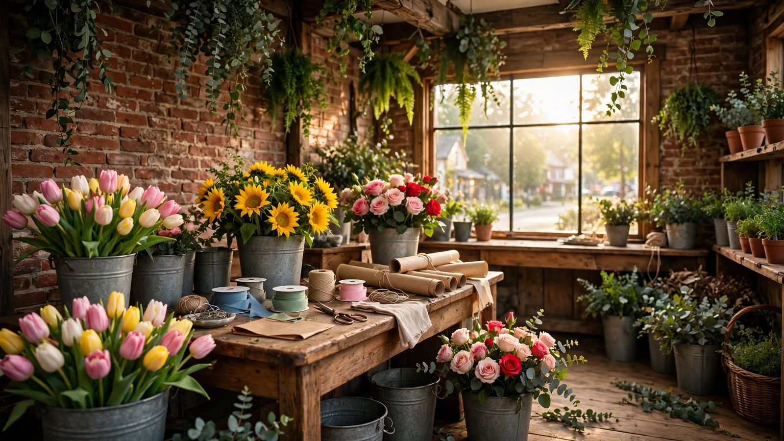 The Petal & Vine studio on West 3rd Street: brick walls, hanging ferns and galvanized buckets of tulips, sunflowers and garden roses beside the wrapping bench