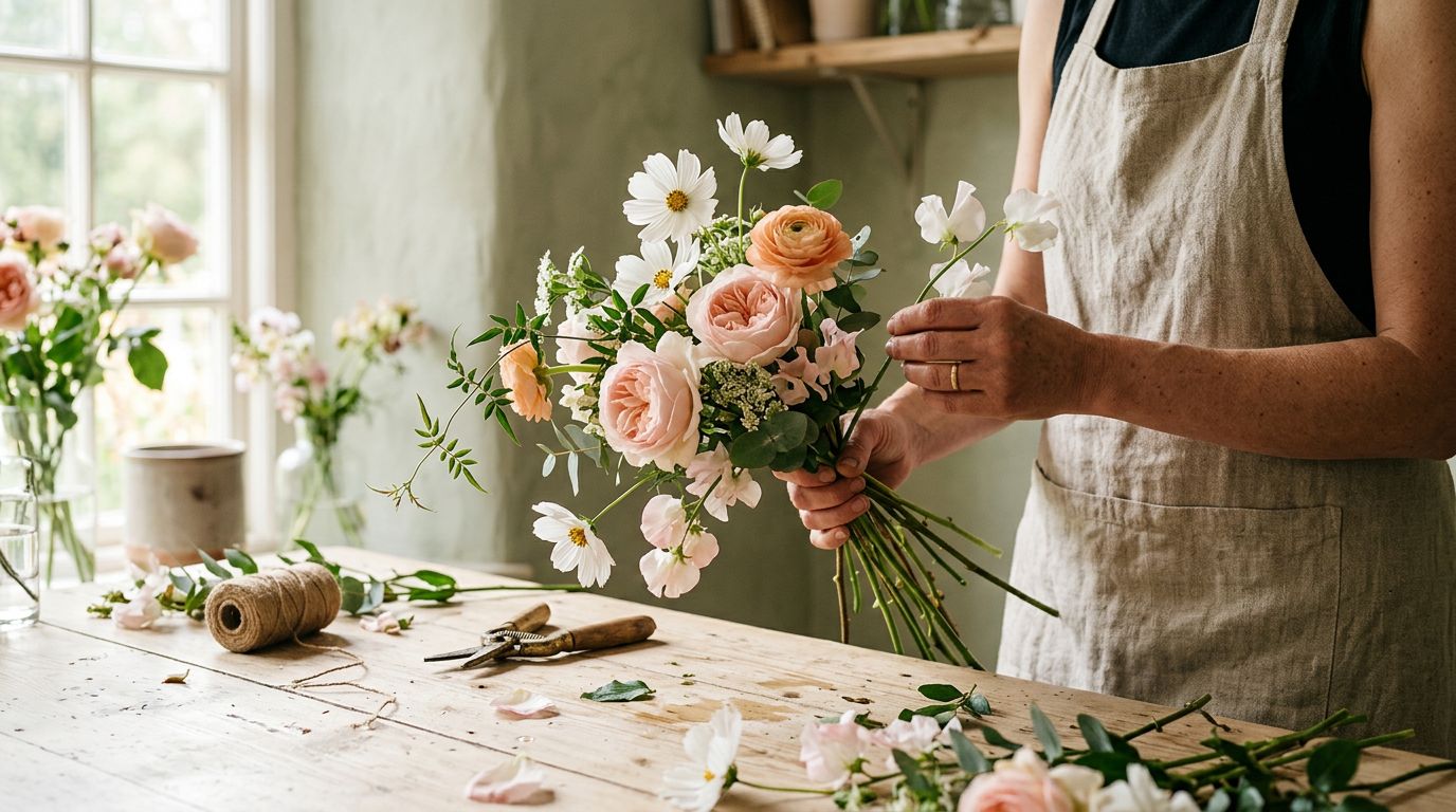 A florist in a linen apron arranging a loose bouquet of blush garden roses, peach ranunculus and white cosmos in a sunlit studio