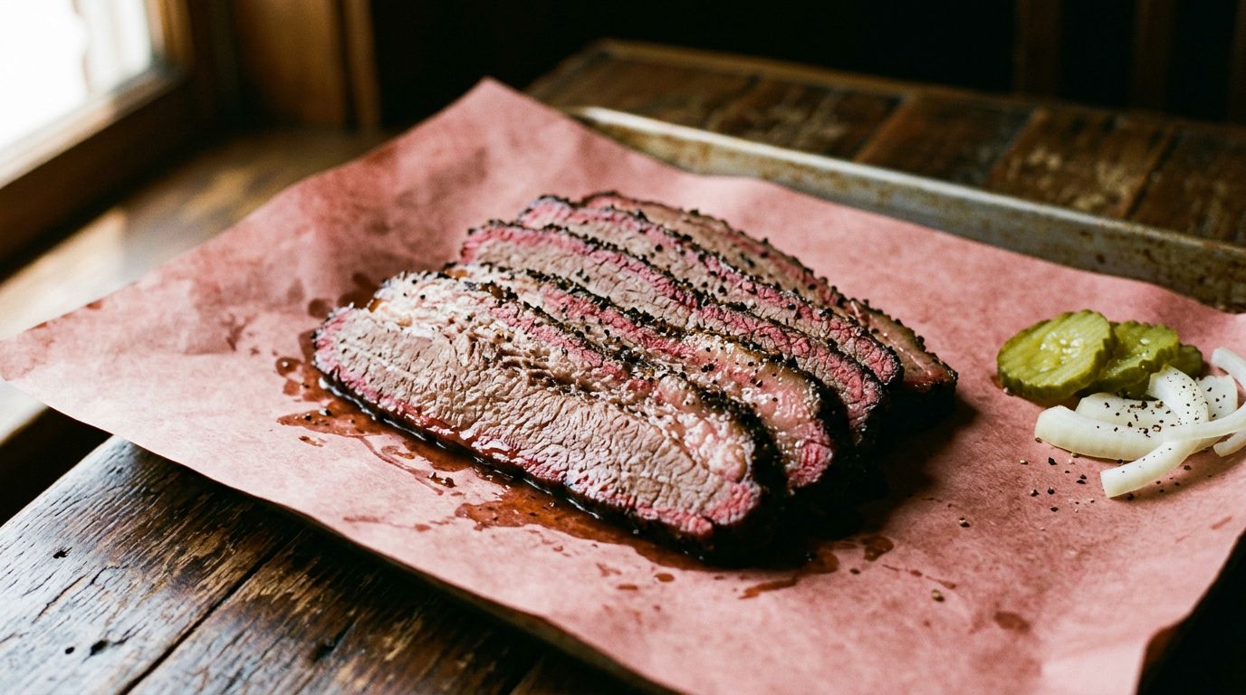 Brisket slices with a dark peppery bark