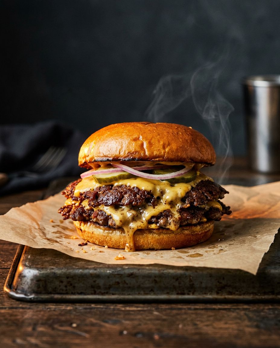 Double smash burger with melting cheese on a dark background