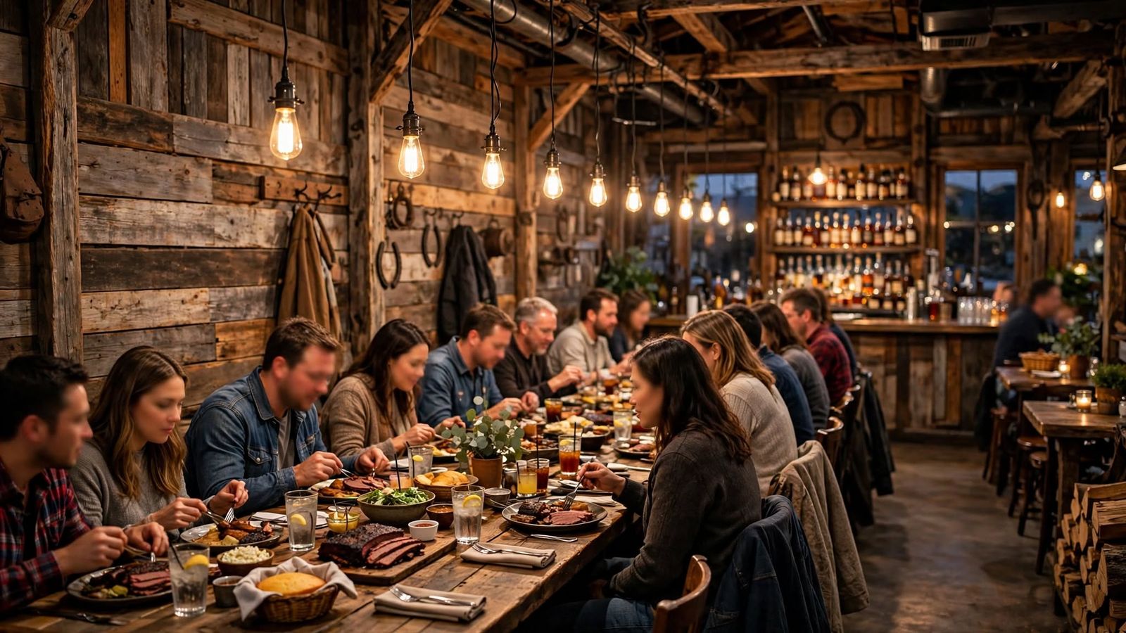 Friends sharing trays of brisket, ribs and sides at long reclaimed-wood tables in a barbecue dining room