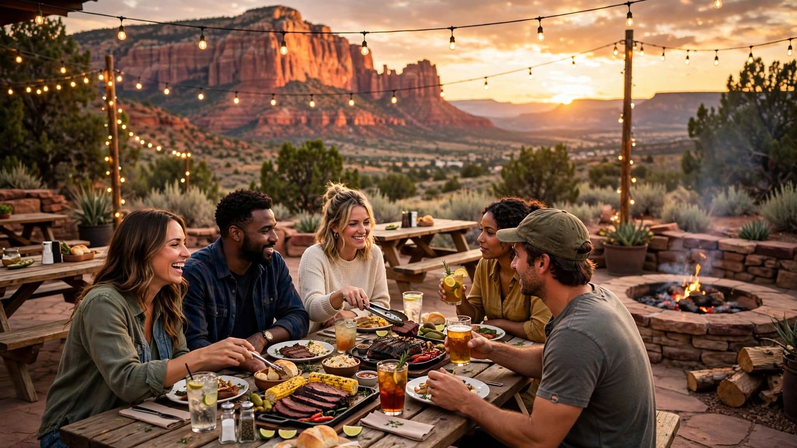 Friends laughing over a barbecue spread on a patio at sunset, with string lights, a fire pit and red-rock cliffs behind