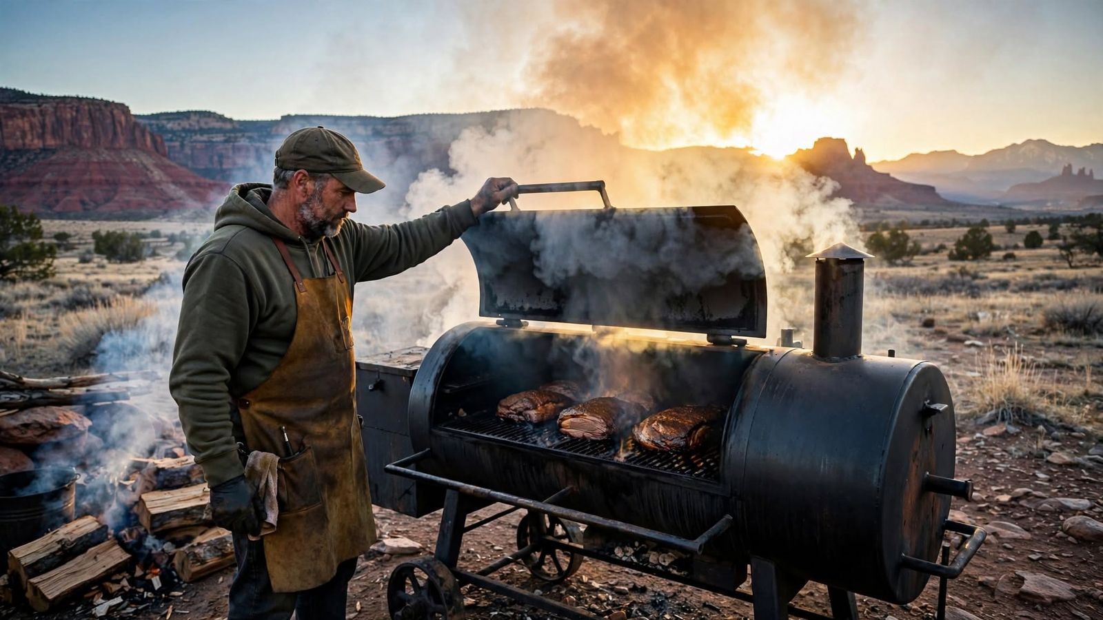 A cook in a leather apron lifting the lid of an offset smoker as oak smoke rolls over briskets and ribs