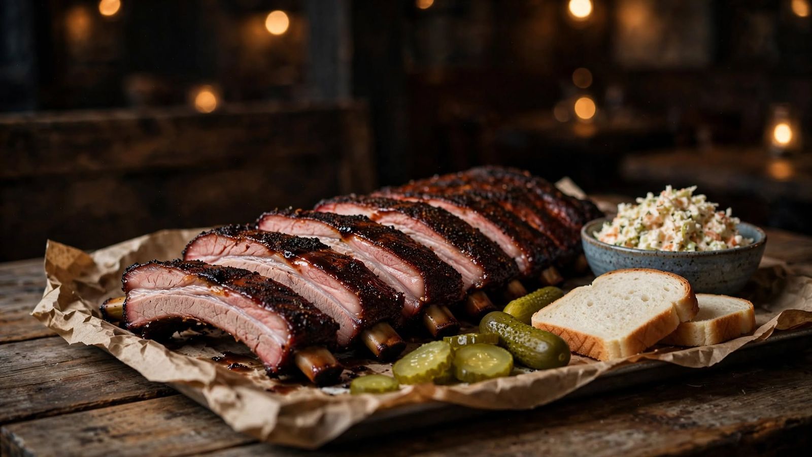 A rack of smoked spare ribs with a dark glazed bark on butcher paper with pickles, white bread and coleslaw
