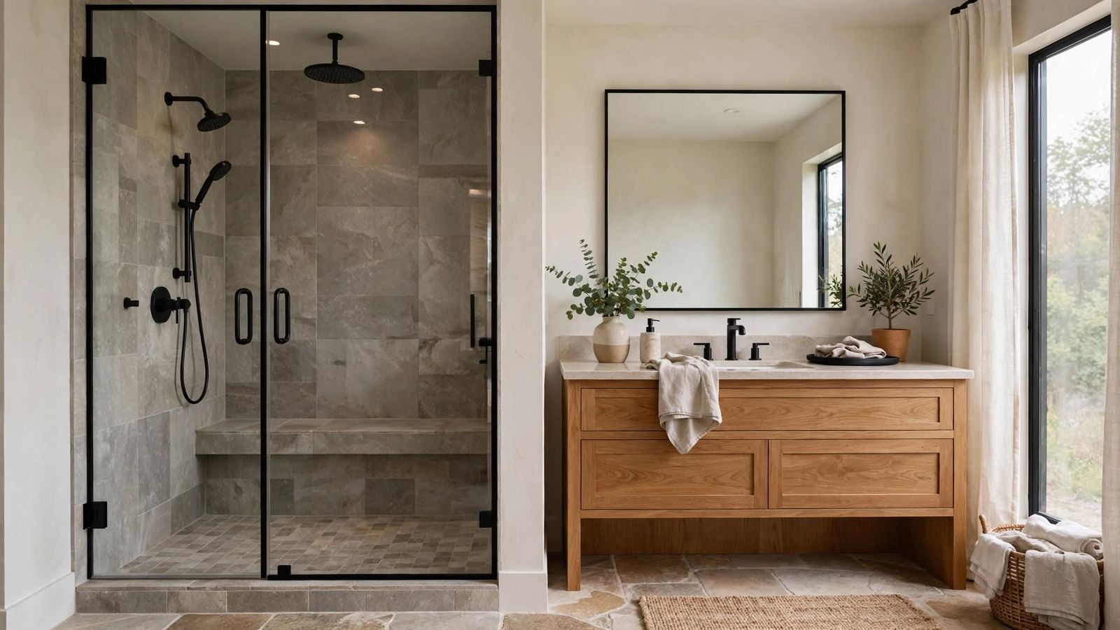 Remodeled bathroom with a frameless glass walk-in shower, stone-look tile and a white oak vanity