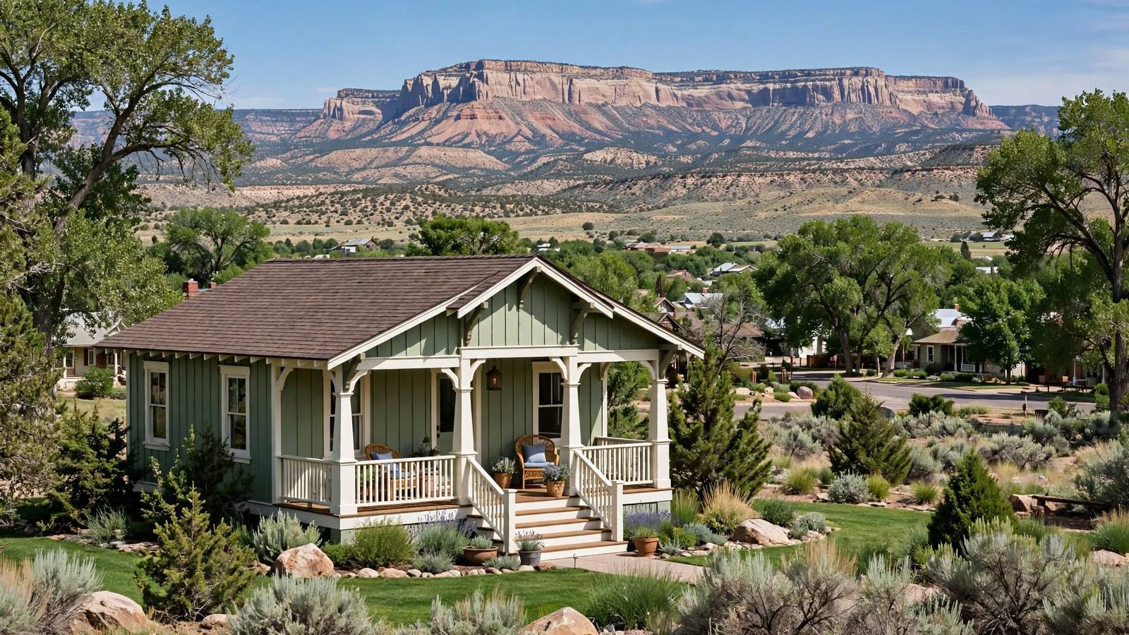Restored sage-green craftsman bungalow with a white porch and xeriscaped yard below the Colorado National Monument