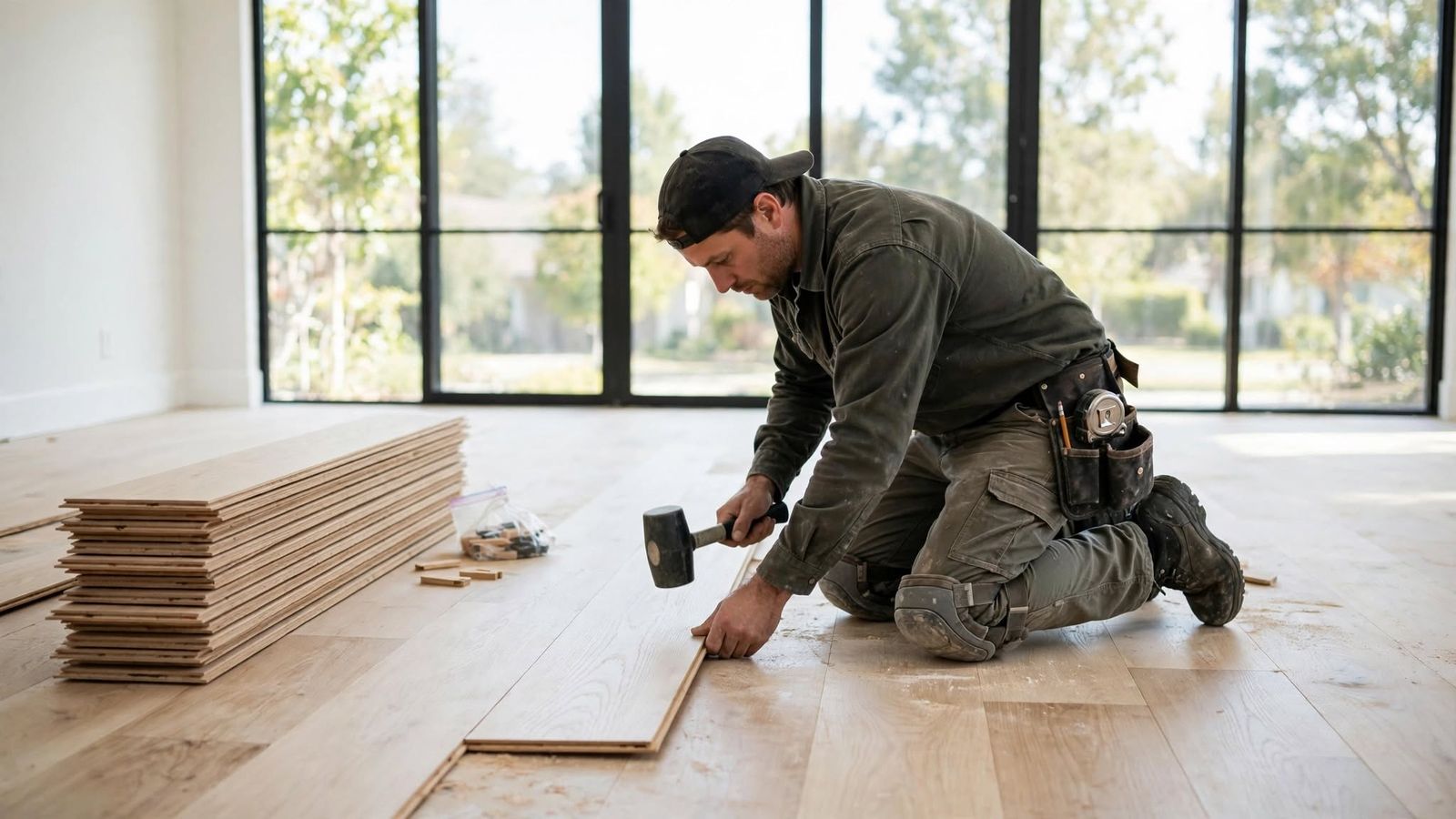 Installer tapping a white oak floor plank into place in a bright room with tall black-framed windows