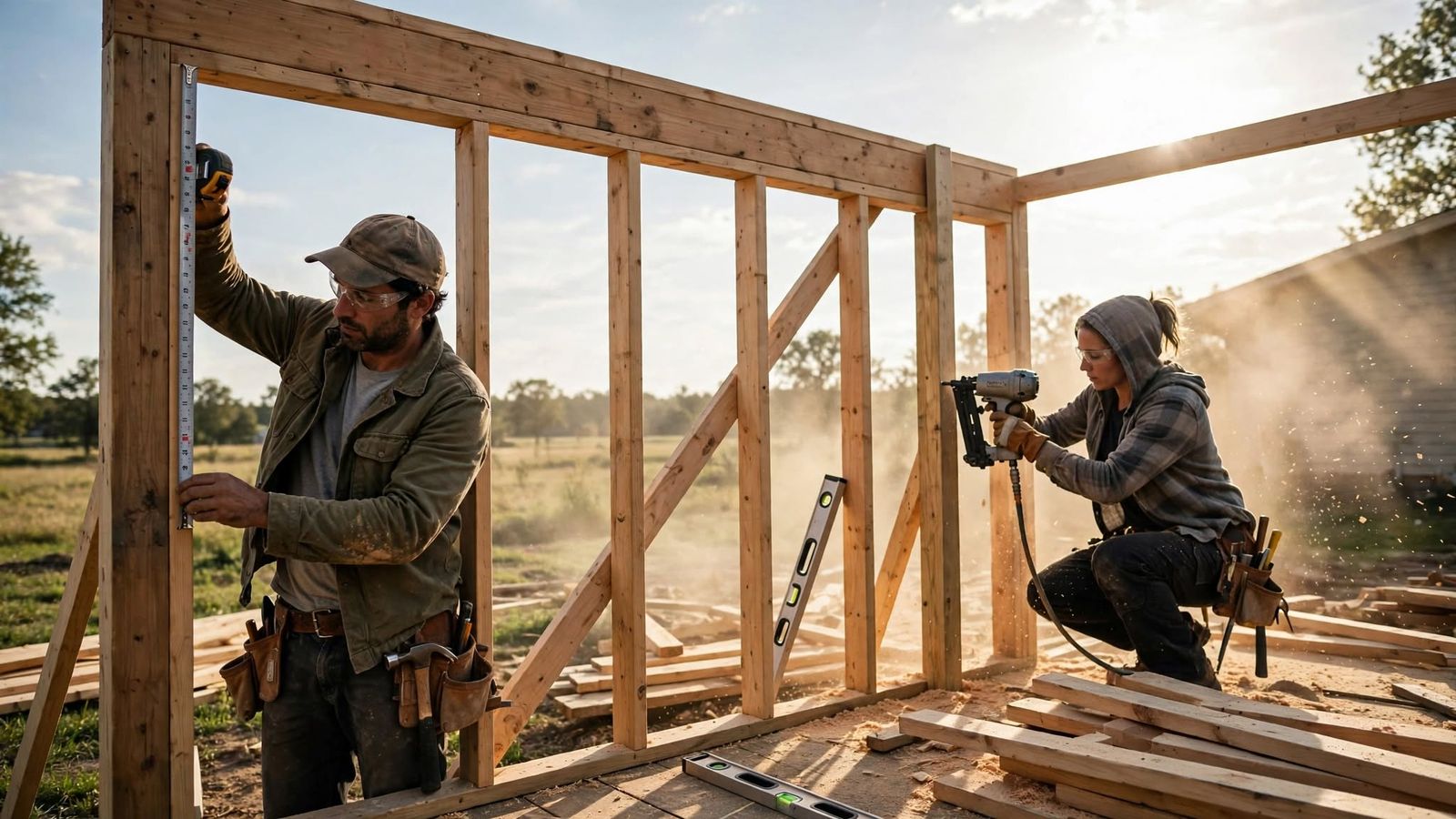 Two carpenters framing a new wall: one checking it with a level, the other fastening studs with a nail gun