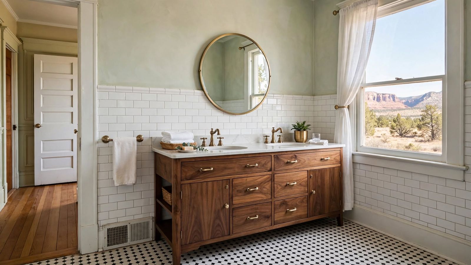 Restored bathroom with a double walnut vanity, brass faucets and a round brass mirror, white subway tile and a black-and-white mosaic floor, beside a window looking out to red rock mesas
