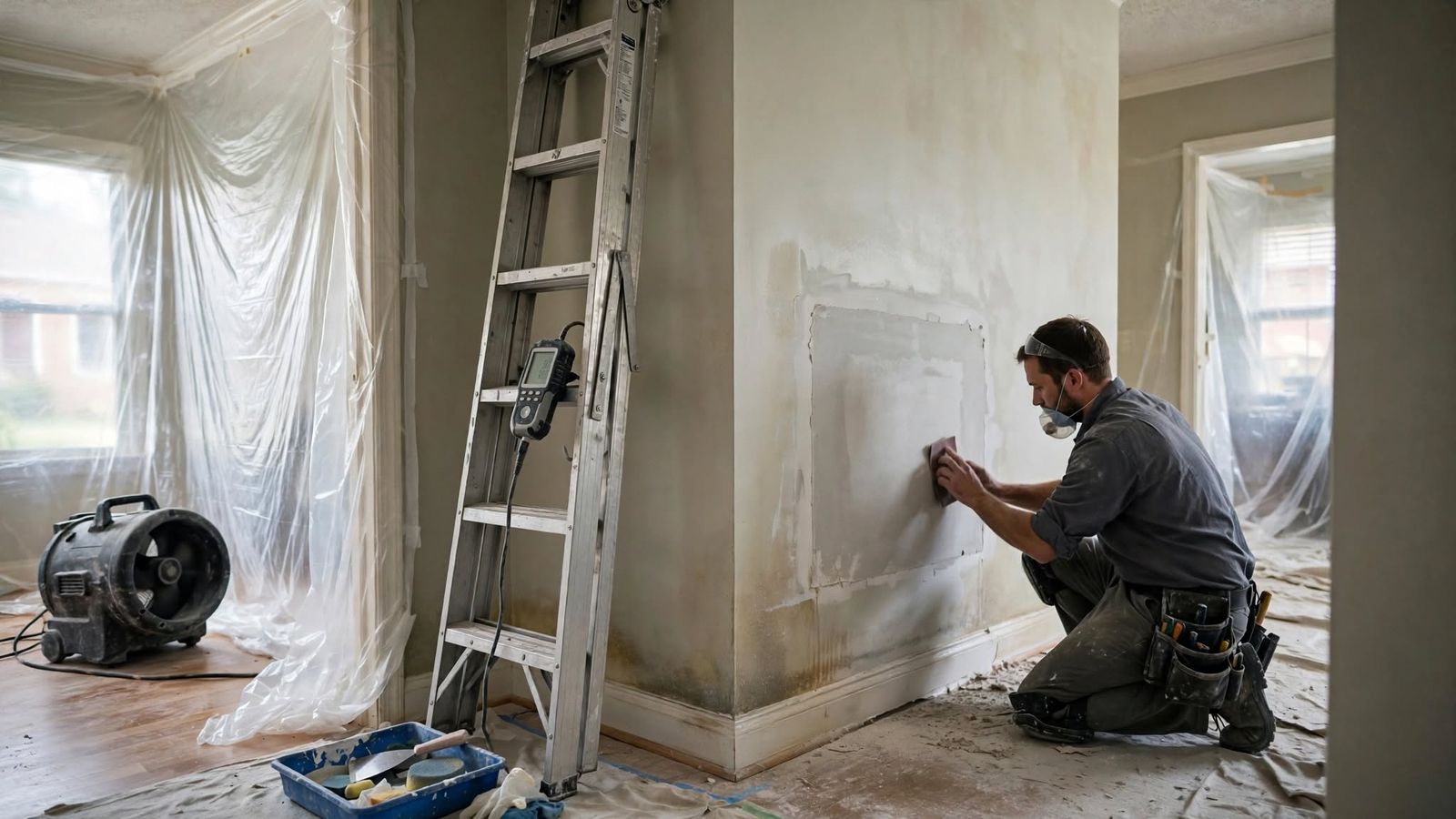 Carpenter sanding a drywall patch after a leak, with an air mover drying the room behind plastic sheeting