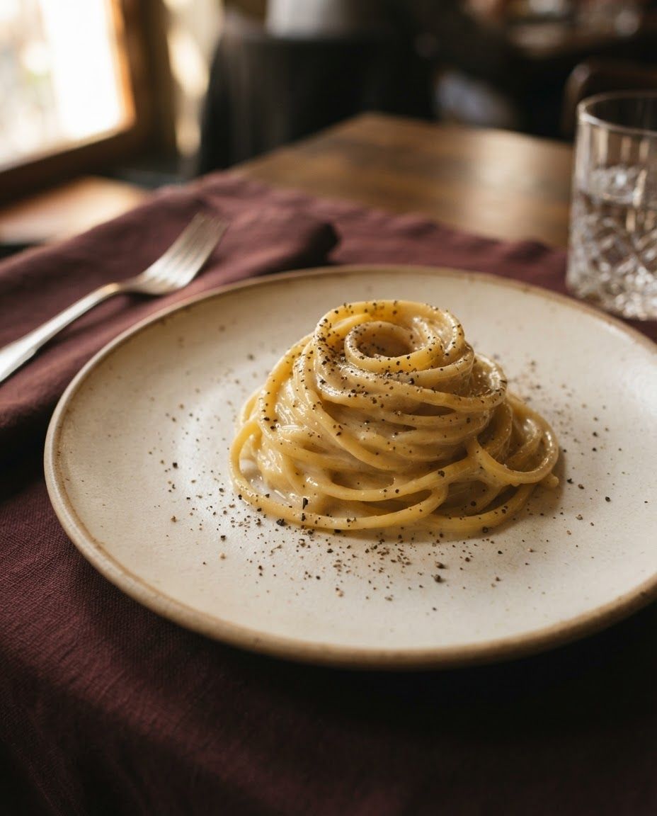 Cacio e pepe twirled into a nest on a cream ceramic plate, dusted with cracked black pepper