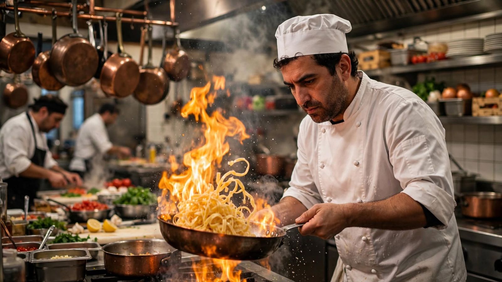 A cook in chef's whites tossing fresh tagliatelle in a flaming copper pan on the busy kitchen line