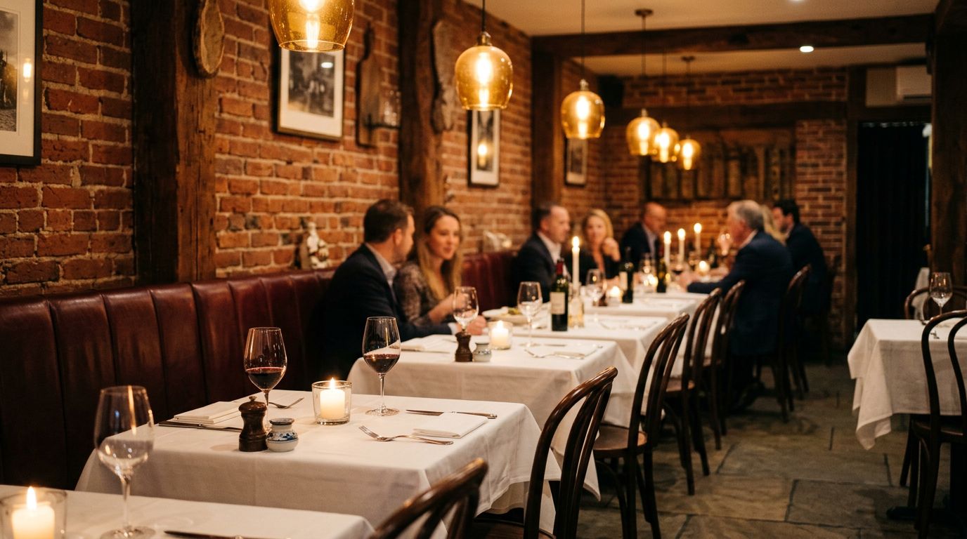 Candle-lit dining room with exposed brick walls, white tablecloths and amber pendant lights at dusk