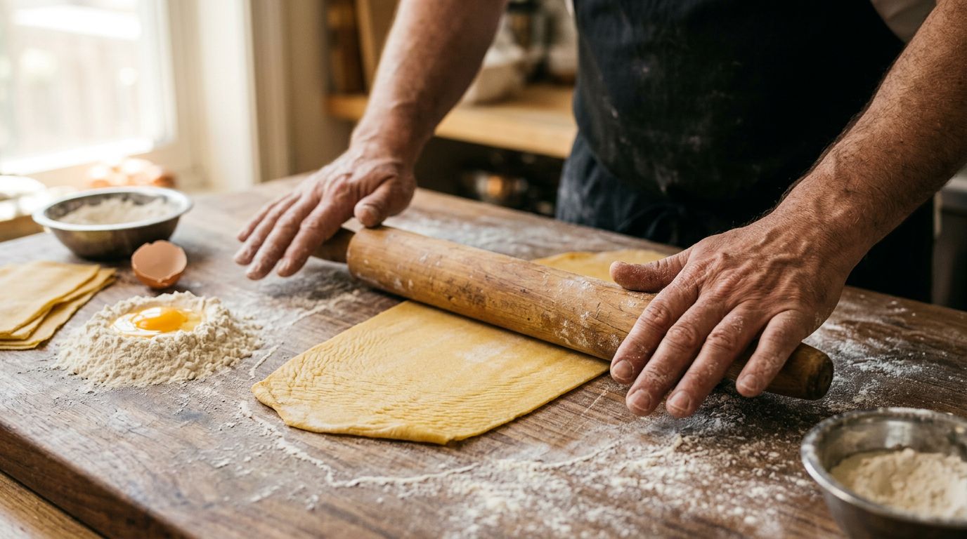 A chef's floured hands rolling a sheet of golden egg pasta with a wooden pin